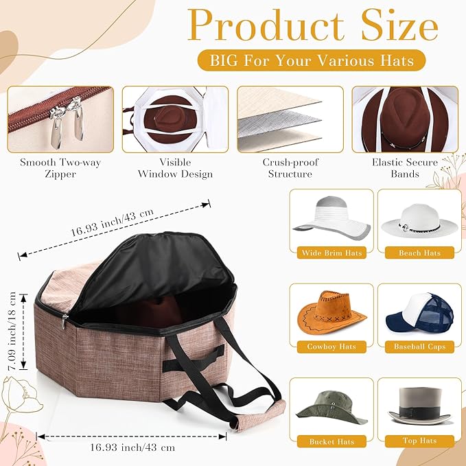 Wonderjune 2 Pcs Cowboy Hat Box for Storage Collapsible Sturdy Cowboy Hat Case with Handle for Men and Women Travel Storage Organizer Large Cap Bag for Closet (Brown)