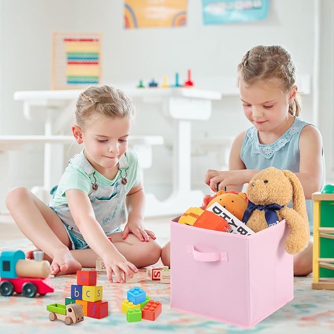 Stero Fabric Storage Bins 6 Pack Fun Colored Durable Storage Cubes with Fabric Handles Foldable Cube Baskets for Home, Kids Room, Closet and Toys Organization Pink