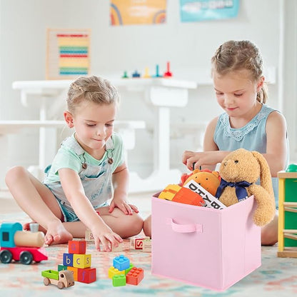 Stero Fabric Storage Bins 6 Pack Fun Colored Durable Storage Cubes with Fabric Handles Foldable Cube Baskets for Home, Kids Room, Closet and Toys Organization Pink