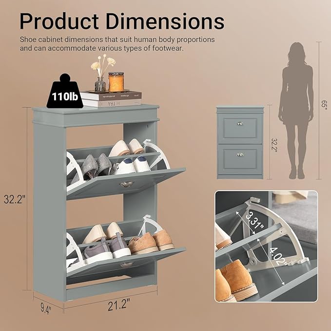 SoBuy Small Shoe Cabinet, Slim Shoe Rack 2 Flip-Drawers, Thin Shoe Storage Cupboard Organizer Unit for Entryway and Hallway, Grey FSR78-HG
