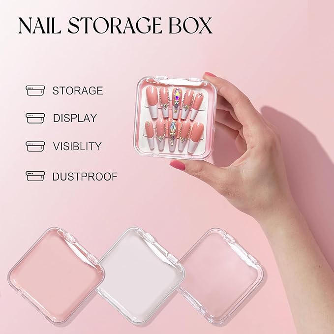 Qsnidy 9 Pcs Press On Nail Storage Box in 3 Colors, Acrylic Fake Nail Case with 9 Display Cards and 2 Sheets of Double-Sided Adhesive Tape (20 Strips) for Nail Art Home Salon Packaging Use