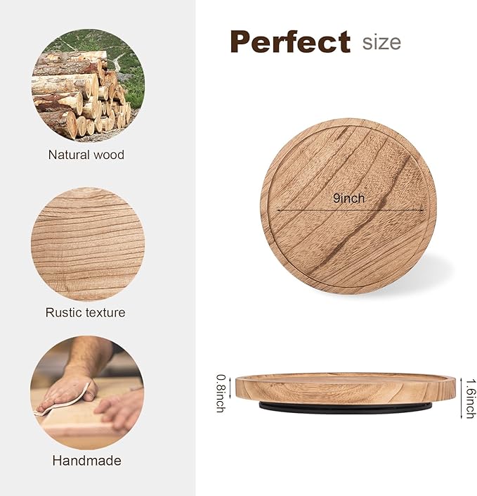 Wood Lazy Susan Organizer Kitchen Turntable for Cabinet Farmhouse Bathroom Decor Round Decorative Tray for Vanity, Counter, Sink, Coffee Table, 9 Inch, Brown
