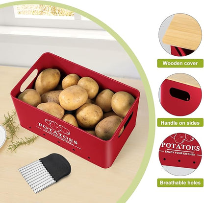 Kitchen Vegetable Storage Set of 3, Metal Onion Garlic Potato Storage Set, Kitchen Canisters Vegetable Keeper Containers with Aerating Holes and Wooden Lid (Red)
