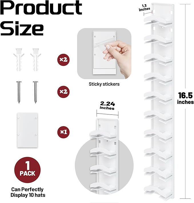Hat Organizer Hold up to 10 Hats, Hat Rack for Wall with Strong Adhesive, Hat Organizer for Baseball Caps Display for Door Closet, Hat Hanger Holder Storage Multilayer Two Mounting Option(White)