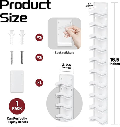Hat Organizer Hold up to 10 Hats, Hat Rack for Wall with Strong Adhesive, Hat Organizer for Baseball Caps Display for Door Closet, Hat Hanger Holder Storage Multilayer Two Mounting Option(White)