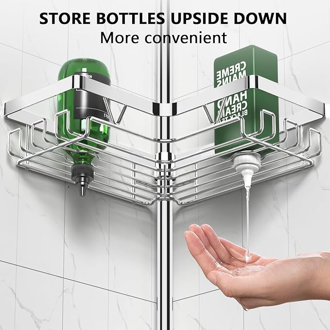 DAOYA Corner Shower Caddy Tension Pole - Chrome Tension Rod Shower Caddy Adjustable Shampoo Holder for Bathroom/Bathtub/RV, Stainless Steel, Floor to Ceiling 25-114.2 inch