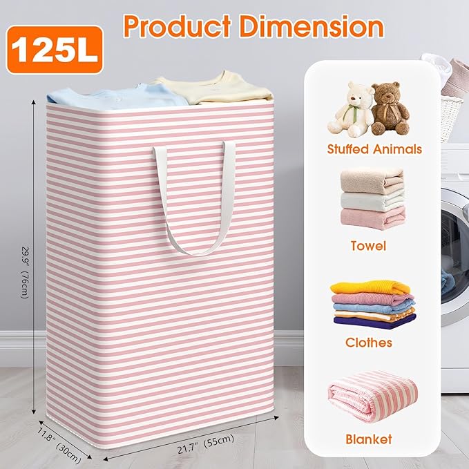3 Pack Large Laundry Basket,Waterproof & Freestanding Laundry Hamper,Collapsible Clothes Hampers with Easy Carry Long & Reinforced Handles in Bathroom,College Dorm(125Lx3,Pink)