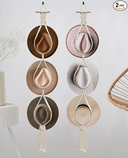 2 Pieces Hat Racks Hat Hangers for Wall, Bohemian Hat Organizer for Wall Hanging Hat Display, Hand Weaving Boho Hat Rack Decorative Cowboy Women Hat Holder for Wide Brim Bowler Fedoras