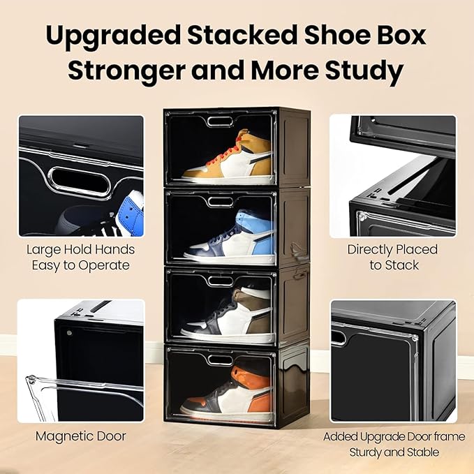 Amllas 8 Pack Shoe Boxes Black Plastic Stackable, Large Shoe Storage Organizer,Drop Side Front Shoe Containers for Entryway,Sneaker Storage Fit up to US Size 13 for Men/Women(13’’x 10.6”x 8.3”)