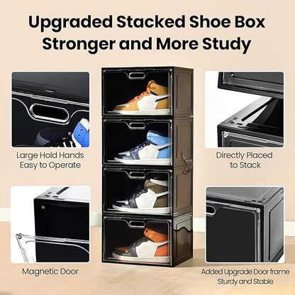 Amllas 8 Pack Shoe Boxes Black Plastic Stackable, Large Shoe Storage Organizer,Drop Side Front Shoe Containers for Entryway,Sneaker Storage Fit up to US Size 13 for Men/Women(13’’x 10.6”x 8.3”)