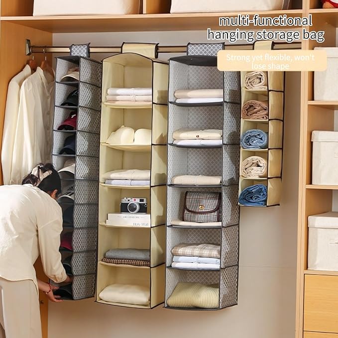2-Pack Hanging Shoe Organizer for Closet, 10 Wider Sections Closet Shoe Storage Rack, Sturdy Shoe Shelves Holder for Shoes Clothes Shirts Jeans Hats (Beige)