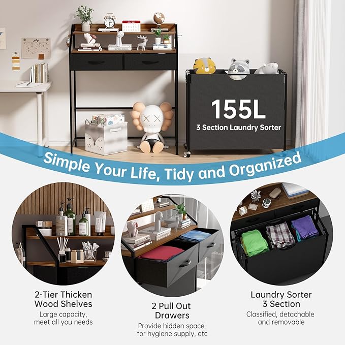 Laundry Sorter with 3 Section Pull Out Bags Rolling Laundry Basket Organizer with 2 Drawers Laundry Hamper with Shelves and Wheels for Laundry Room, Bathroom, Bedroom Organization(2 Tier)