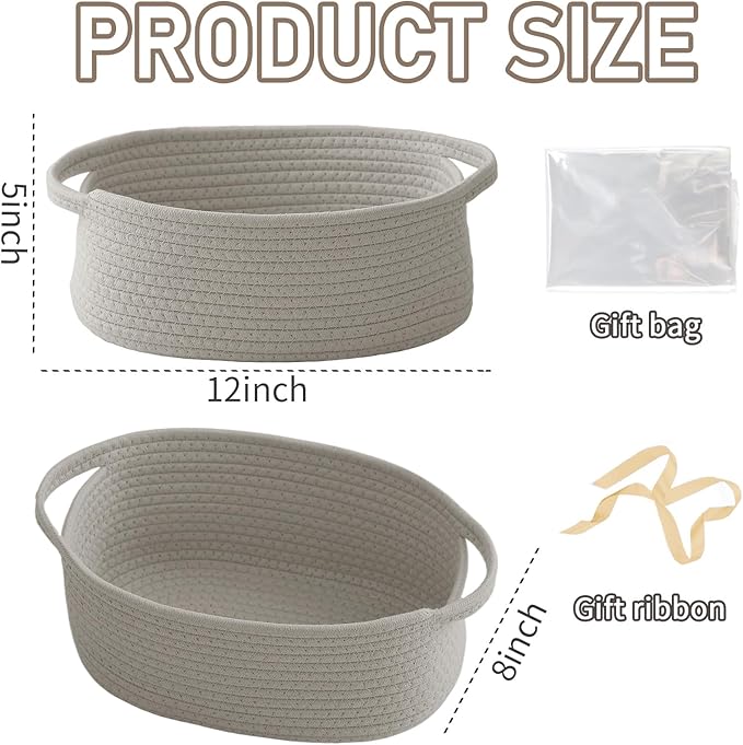 JMvicyroam Woven Basket,Small Rope Storage Bin with Handles & Ribbon Bag, Organizer for Shelves Closets,Gift Basket Empty for Birthday,Books,Dog Toys, Grey