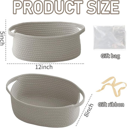 JMvicyroam Woven Basket,Small Rope Storage Bin with Handles & Ribbon Bag, Organizer for Shelves Closets,Gift Basket Empty for Birthday,Books,Dog Toys, Grey