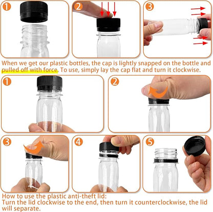 30 Pcs 2oz Plastic Bottles with Black Lids,Round Ginger Shots containers with 10 Funnels,Small Leak-Proof Juice Bottles for Milk,Drinking,Potion,Ginger Shots,Whiskey