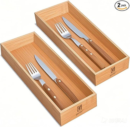 guiogc Bamboo Drawer Organizer, Utensil Organizer for Kitchen, Bamboo Storage Box Wood Silverware Tray for Drawer Set of 2