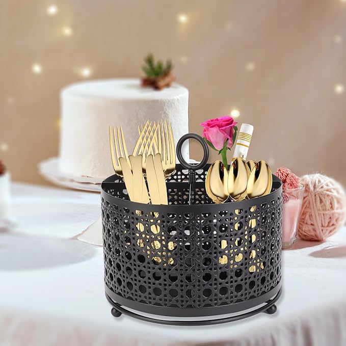 NelyBet 360° Rotating Utensil Caddy With Handle, Cutlery Silverware Caddy Holder Flatware Organizer with 4 Compartment For Kitchen Countertop Party Office Black