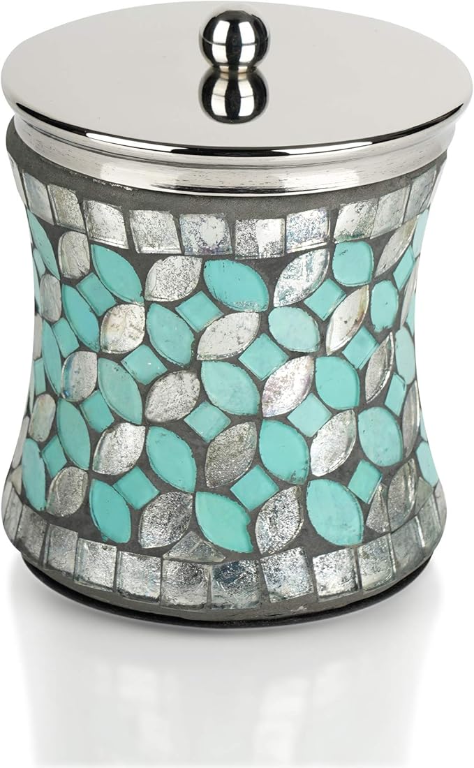 nu steel Sea Foam Q-tip Jar in Aqua Blue/Silver Glass Mosaic/ Stainless Steel for Bathrooms & Vanity Spaces