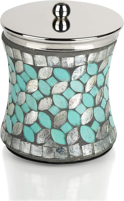 nu steel Sea Foam Q-tip Jar in Aqua Blue/Silver Glass Mosaic/ Stainless Steel for Bathrooms & Vanity Spaces