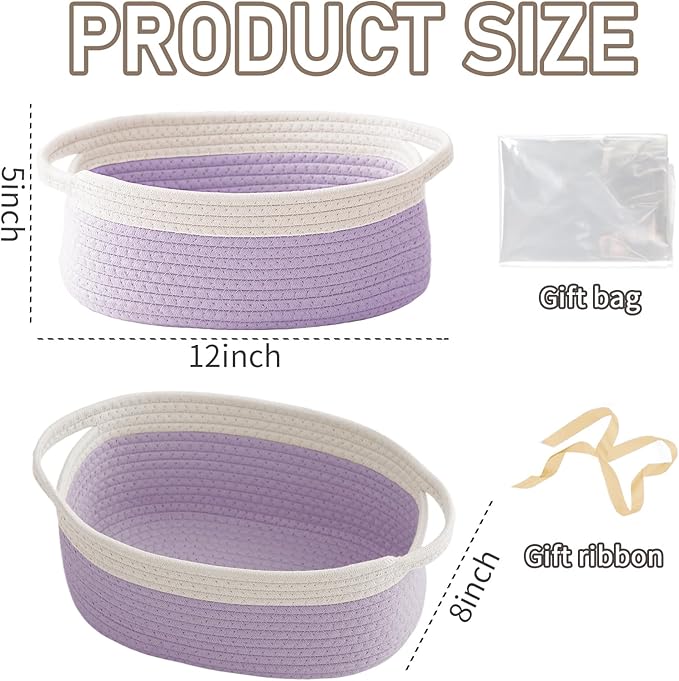 JMvicyroam Woven Basket,Small Rope Storage Bin with Handles & Ribbon Bag, Organizer for Shelves Closets,Gift Basket Empty for Birthday,Books,Dog Toys, White&Purple/3 Pack