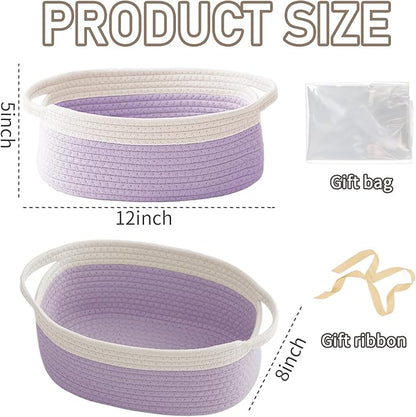 JMvicyroam Woven Basket,Small Rope Storage Bin with Handles & Ribbon Bag, Organizer for Shelves Closets,Gift Basket Empty for Birthday,Books,Dog Toys, White&Purple/3 Pack
