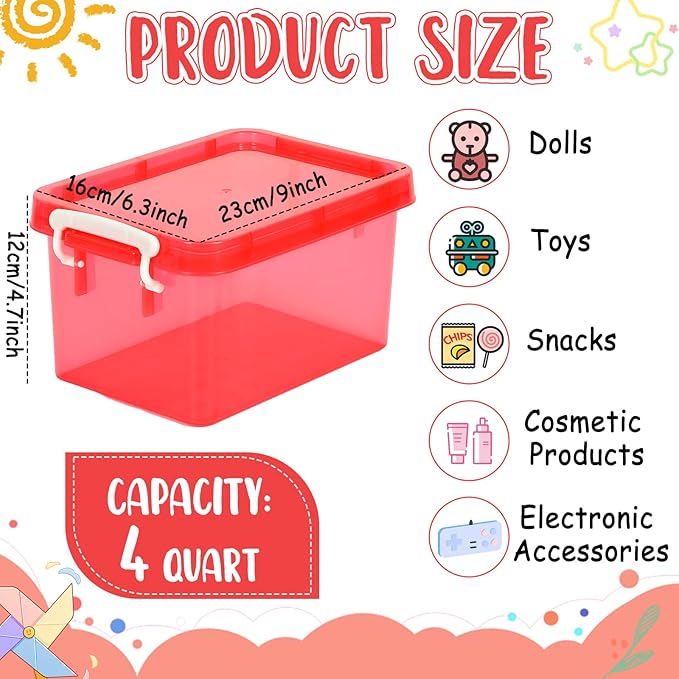 6 Pack 4 Quart Colorful Plastic Storage Bins with Lids Stackable Storage Bins with Latching Lids Handle Clear Colored Storage Organizer Bins for Home Office Pantry Containers(6 Red)