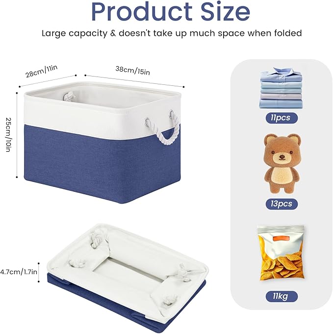 Large Storage Baskets- 15x11x10 inch Storage Bins for Shelves and Closet Organizing, Foldable Fabric Bin for Home Organization Clothes and Laundry (3-Pack, White&Blue)
