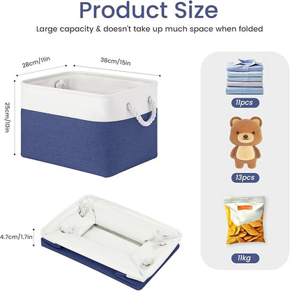 Large Storage Baskets- 15x11x10 inch Storage Bins for Shelves and Closet Organizing, Foldable Fabric Bin for Home Organization Clothes and Laundry (3-Pack, White&Blue)