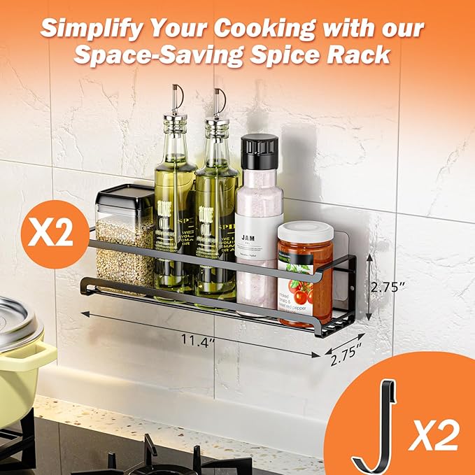 Bunoxea Spice Rack wall mounted 2 Pack, Space-Saving Spice Organizer for Spice Jars and Seasonings,Screw or Adhesive Hanging Spice Rack Organizer for Your Kitchen Cabinet,or Pantry Door