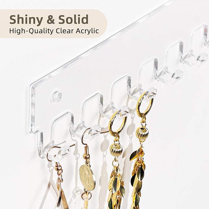 Acrylic Necklace Holder 4 Pack Wall Mounted Necklace Organizer Hanging Jewelry Organizer with 17 Hooks for Necklaces, Bracelets, Rings and Bangles Display (14.17 inch)