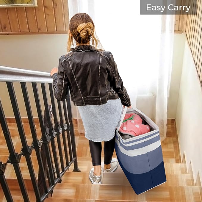 HomeHacks 2 Pack Large Laundry Baskets, Waterproof, Freestanding Laundry Hampers, Collapsible Clothes Hamper with Reinforced Handles in Laundry, College Dorm, Bathroom, Bedroom (Grey+Blue, 88Lx2)
