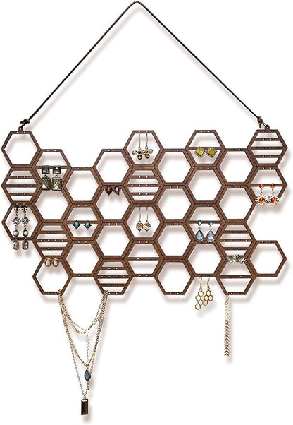 Heesch Honeycomb Earring Organizer Wall Mount Display Wood Hanging Jewelry Organizer for Stud Earrings, Necklaces (Walnut)