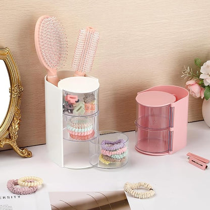 Rotating Hair Accessories Organizer with Comb Holder Plastic Hair Clips Storage Container Cosmetic Storage Box for Makeup Sponge Brush, 3-Layer White