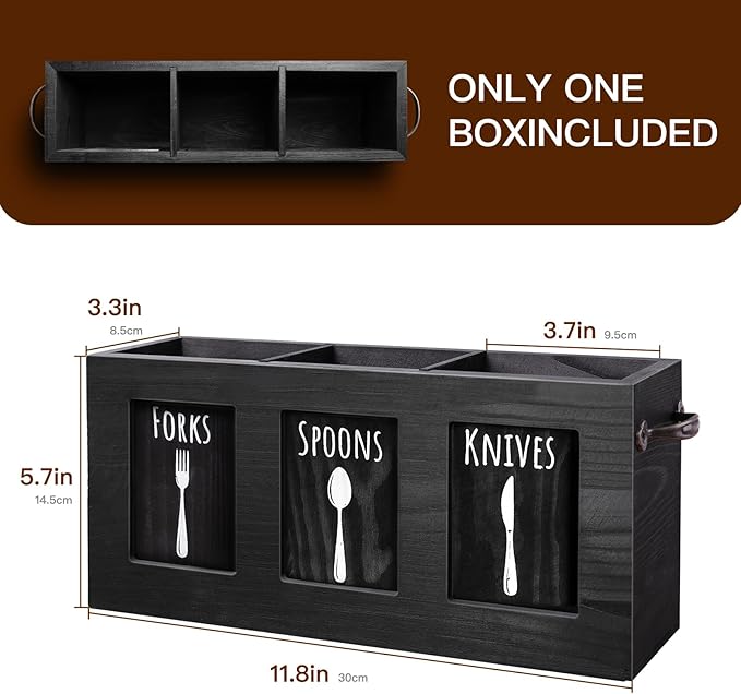 MINCORD Wood Flatware Organizer, Rustic Utensil & Silverware Holder for Forks, Spoons, Knives, Farmhouse Kitchen Cutlery Caddy Bin Countertop - Black