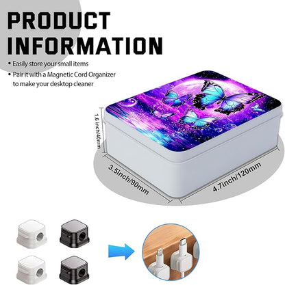Metal Tin Box with Lid for Game Cards Home Organizer Candles Keys Crafts Storage - Equipped with 4 Magnetic Cord Clips，Purple Moon Blue Butterfly
