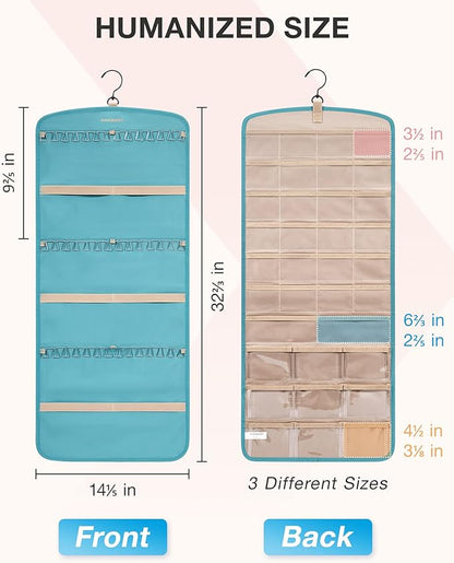 BAGSMART Hanging Jewelry Organizer, Necklace Holder Anti-tangle Earrings Rings Hanger with 20 Jewelry Bags Travel Storage Roll with Pockets Hang on Closet, Wall, Door,1 Piece, Large, Teal