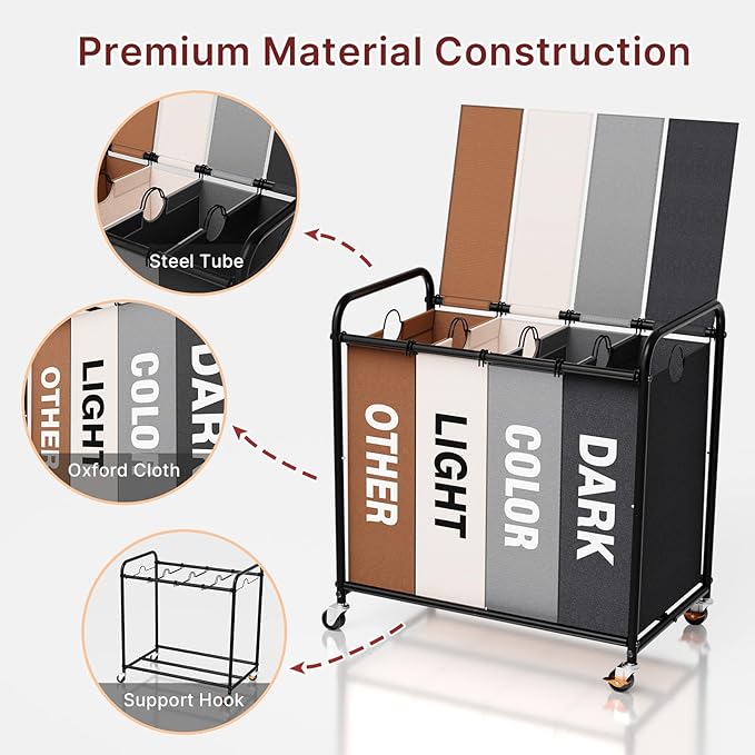 180L Laundry Sorter 4 Section – Heavy Duty Rolling Laundry Basket with Lockable Wheels and Lid, 4 Large Separate Removable Bags, Laundry Hamper Cart for Laundry Room Organizer (Multicolor)