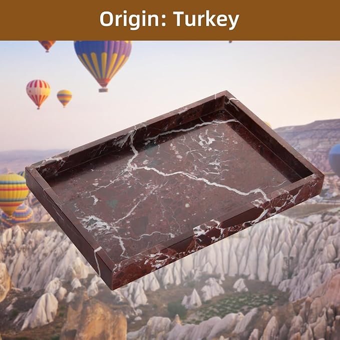 Marble Bathroom Vanity Tray, Natural Luxury Vanity Home Kitchen Bathroom Table Tray, Stone Decorative Countertop Dresser Trays for Key Coffee Perfume Jewelry Makeup (Rosso Lepanto, 12"x 8" x1.2")