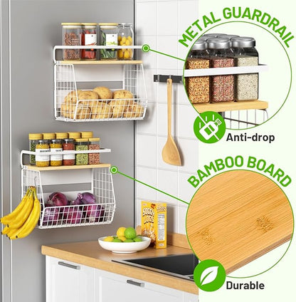 Ofiray-home Magnetic Fridge Shelf with Wood Lid, Fruit Potato Onion Storage Bins, Pantry Organizers, Large Container Spice Rack for Refrigerator, Kitchen Counter, Cabinet (2, White)