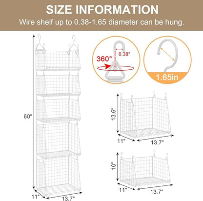 Sonyabecca 5-Tier Hanging Laundry Basket Organizer: Foldable Wire Shelf Basket with 4 Large Hooks 1.65" & 360°Rotating Hooks – Space-Saving Laundry Room Organization for Wardrobe Closet, White Patent