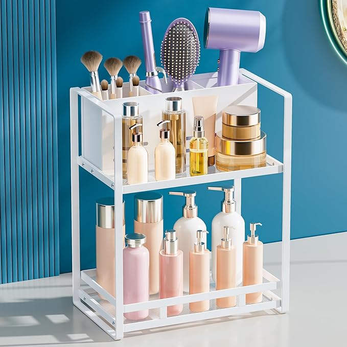 SanDream Hair Tool Organizer Bathroom Countertop, 2-Tier Metal Bathroom Organizer with Blow Dryer Holder, Large Capacity Space-Saving Vanity Shelf for Perfume, Skincare & Makeup Storage (White)