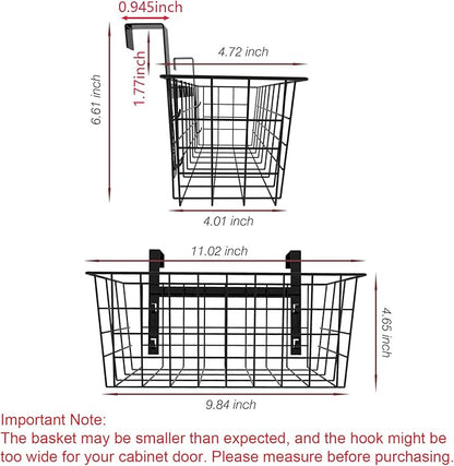 MaraFansie Basket with Hook, Grid Storage Basket, Over the Cabinet Door Organizer, Wire Hanging Basket with Hook Over the Railing, Under Sink Kitchen Cabinet, Pantry, Bathroom, Black, 2 Pack