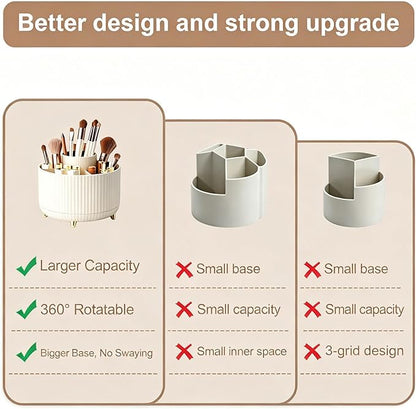 360°Rotating Makeup Brush Holder Organizer, Beige Countertop Cosmetic Display Case, Spinning Skincare Storage Carousel for Vanity, Desktop & Bathroom