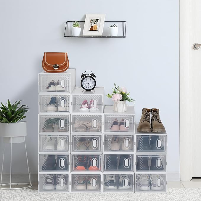 18 Pack Large Shoe Storage Boxes Organizers Clear Plastic Stackable, Modular Space Saving Shoe Boxes Sneaker Storage for Sneakerheads,Toy Storage Organizer Bins for Entryway, Closet, Under Bed, White