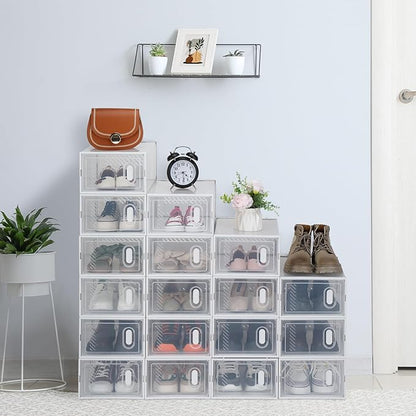 18 Pack Large Shoe Storage Boxes Organizers Clear Plastic Stackable, Modular Space Saving Shoe Boxes Sneaker Storage for Sneakerheads,Toy Storage Organizer Bins for Entryway, Closet, Under Bed, White
