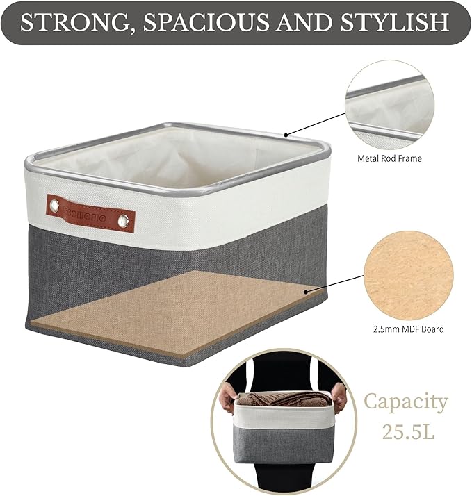 DECOMOMO Storage Bins, Large Fabric Storage Baskets for Shelves, Decorative Linen Closet Organizer, 15 x 11 x 9.5 inches (Slate Grey & White, 3 Pack)