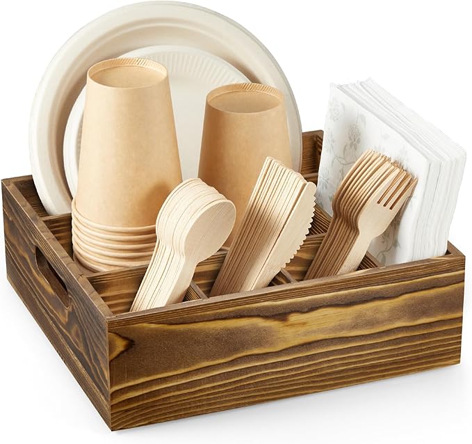 Wood Utensil Holder for Party, 6-Compartment Paper Plate Organizer with Handles, Wooden Silverware Caddy for Picnic, Camping, BBQ, Buffet, and Kitchen Countertop Organization, Brown