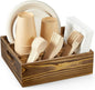 Wood Utensil Holder for Party, 6-Compartment Paper Plate Organizer with Handles, Wooden Silverware Caddy for Picnic, Camping, BBQ, Buffet, and Kitchen Countertop Organization, Brown