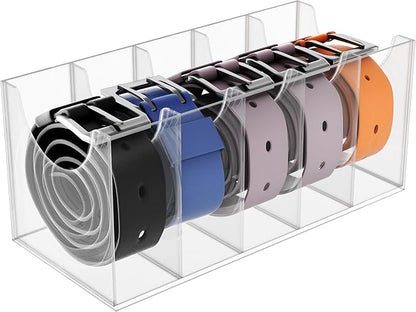 Acrylic Belt Organizer Box with 7 Compartments, Wall-Mount or Desktop Belt Storage for Men & Women, Holds Large Buckle Belts, Transparent Belt Holder for Closet Drawer Dresser (5 Compartments)