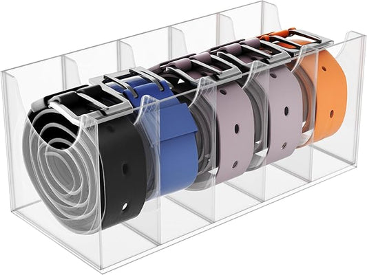 Acrylic Belt Organizer Box with 7 Compartments, Wall-Mount or Desktop Belt Storage for Men & Women, Holds Large Buckle Belts, Transparent Belt Holder for Closet Drawer Dresser (5 Compartments)